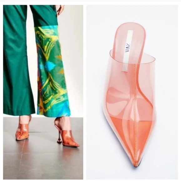 NWT ZARA HEELS CORAIL VINYL MULES POINTED TOE TRANSPARENT REF. 3838/810 - Picture 2 of 8